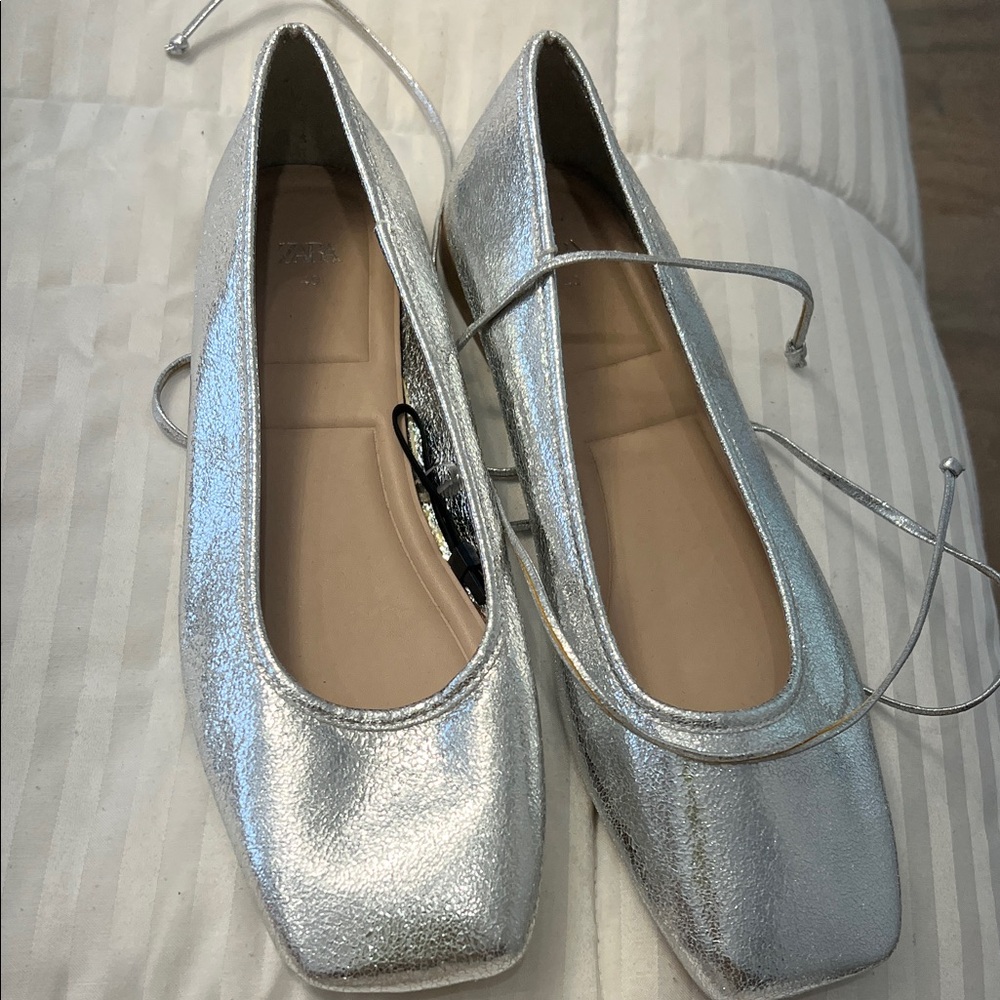 Zara Metallic Silver Flats
